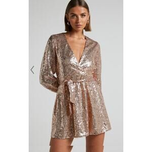 Showpo. Three of Us rose gold sequin dress